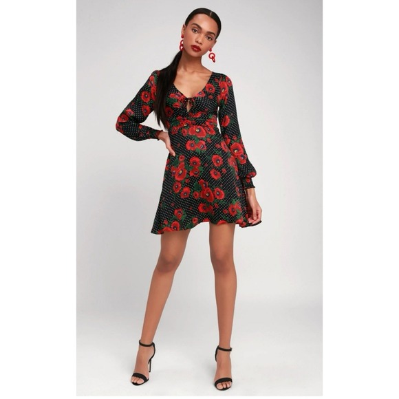 FREE PEOPLE Morning Light Satin Mini Dress‎ in Black Poppy Floral/Polka Dot Sz 8 - Picture 3 of 16